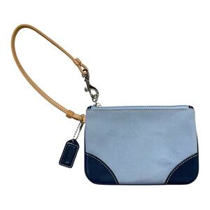 Vintage Coach Light Blue Woven Fabric Leather Trim Mini Pochette Wristlet Bag